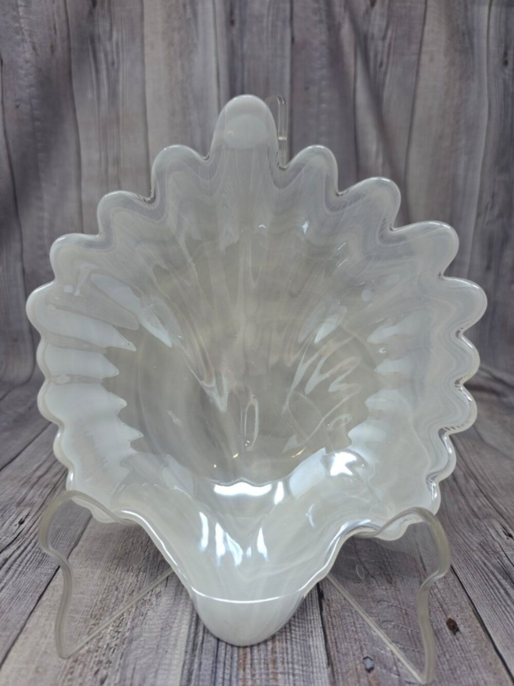 Vintage Murano Style Ruffled Edge Opalescent White Pearl Glass Bowl Candy Coin